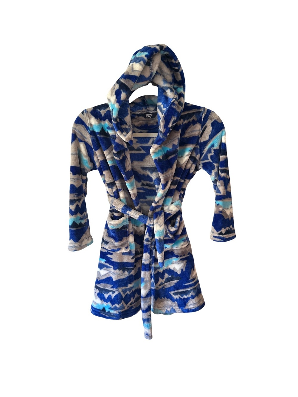 Lands' End Kids Size 6 Plush Hooded Fleece Robe Blue Mountain Graphic Print